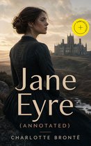 Couverture de Jane Eyre, annotée, avec une femme en robe sombre regardant un paysage avec un château.