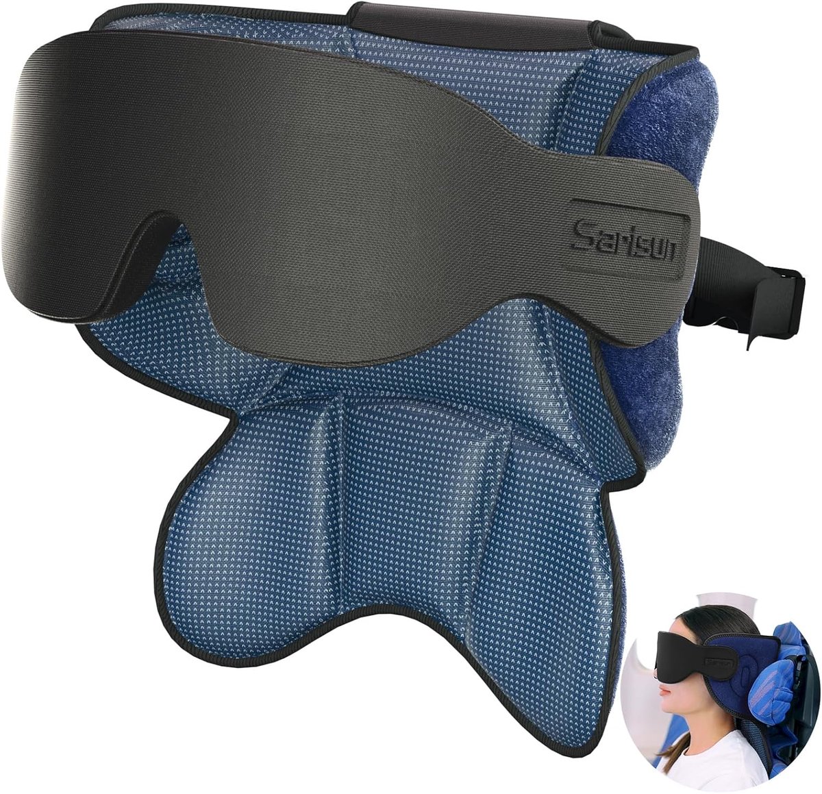 SnelShoppen - Reiskussen met Slaapmasker en Stabiliteitssteun, Blauw | Ergonomisch Hoofdkussen, Verstelbare Band, Ideaal voor Vliegtuigen zonder Hoofd