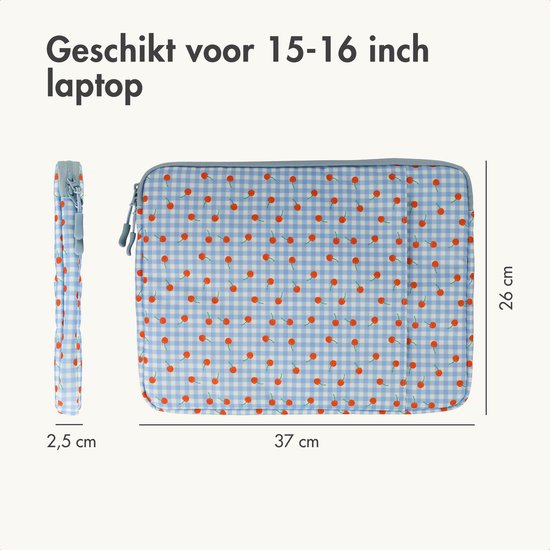 Laptop sleeve van 37x26x2,5 cm met blauw-wit geruit kersendessin.