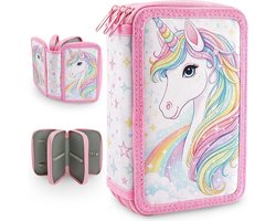 SnelShoppen - ZXShow 2026 Nieuwe Etui Set met 3 Vakken - Ruime Etui met Ritssluiting - Schoolbenodigdheden - Wit - L - Paarden Thema