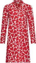 Rood nachthemd met witte hartjesprint, doorknoopsluiting en contrasterende bies.
