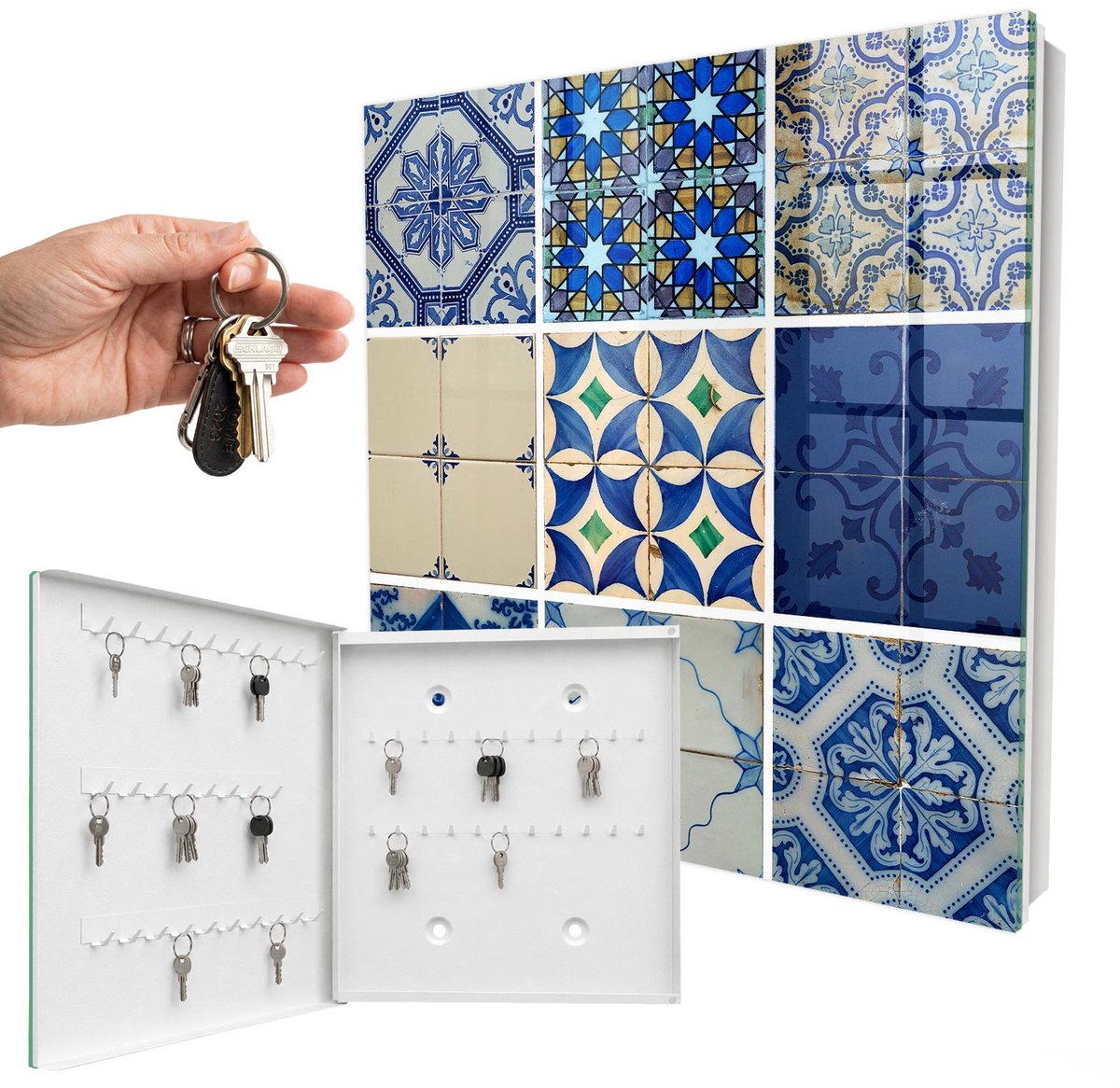 WallMuralia - Sleutelkast - 30x30x5 cm - met 50 haken - Azulejos-Tegels Sleutelkastje Gang - Blauw Sleutelbox - Linksopenend - Wit interieur