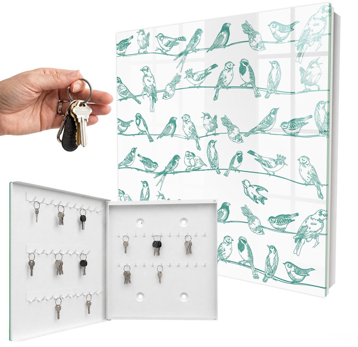 WallMuralia - Sleutelkast - 30x30x5 cm - met 50 haken - Vogels Op De Takken Sleutelkastje Huis - Wit Sleutelbox - Linksopenend - Wit interieur