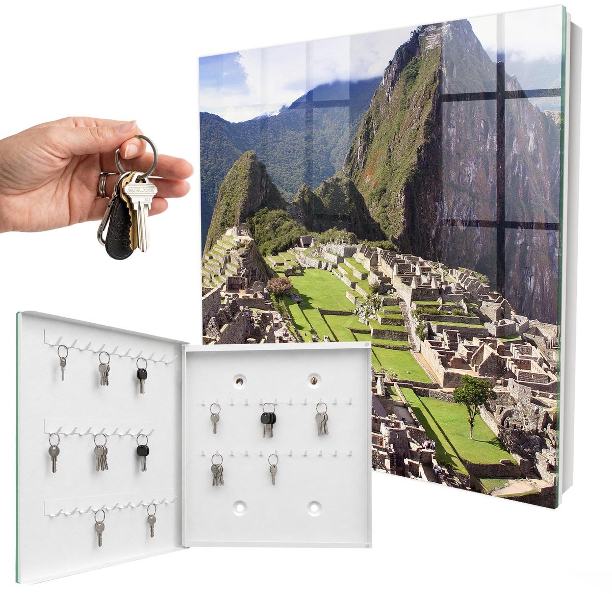 WallMuralia - Sleutelkast - 30x30x5 cm - met 50 haken - Bergstad Sleutelkastje Muur - Groente Sleutelbox - Linksopenend - Wit interieur