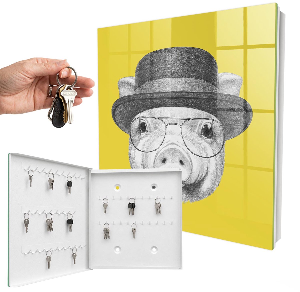 WallMuralia - Sleutelkast - 30x30x5 cm - met 50 haken - Gelukkig Varkentje Design Sleutelkastje - Geel Sleutelbox - Linksopenend - Wit interieur