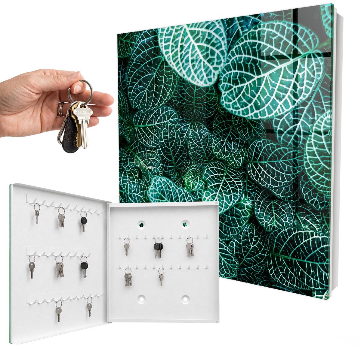 WallMuralia - Sleutelkast - 30x30x5 cm - met 50 haken - Groene Patronen Sleutelkastje Binnen - Groente Sleutelbox - Linksopenend - Wit interieur