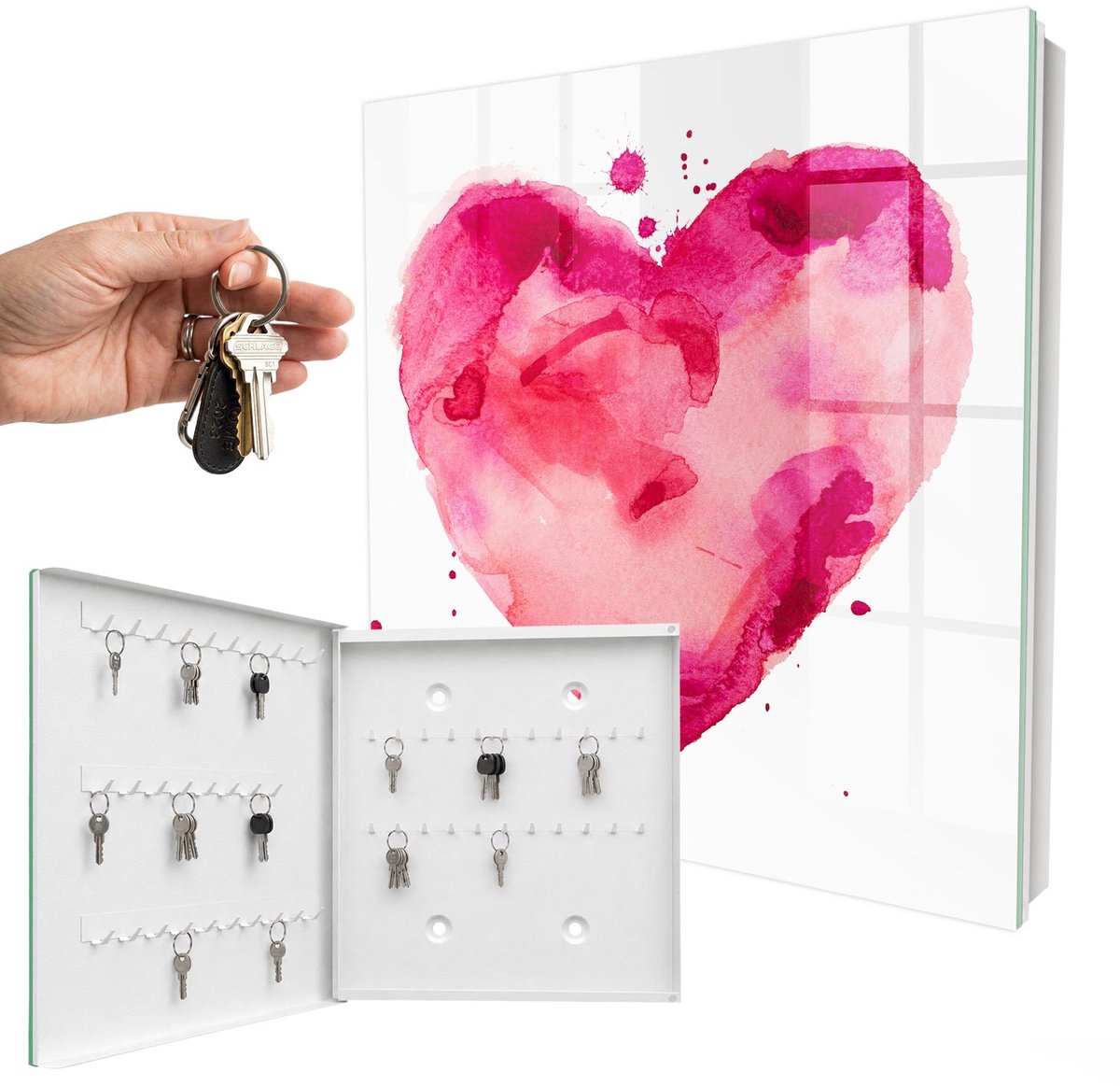WallMuralia - Sleutelkast - 30x30x5 cm - met 50 haken - Hart Van Liefde Sleutelkastje Landelijk - Roze Sleutelbox - Linksopenend - Wit interieur