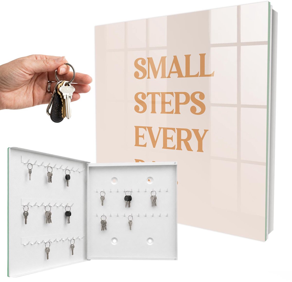 WallMuralia - Sleutelkast - 30x30x5 cm - met 50 haken - Motivatie Elke Dag Design Sleutelkastje - Beige Sleutelbox - Linksopenend - Wit interieur