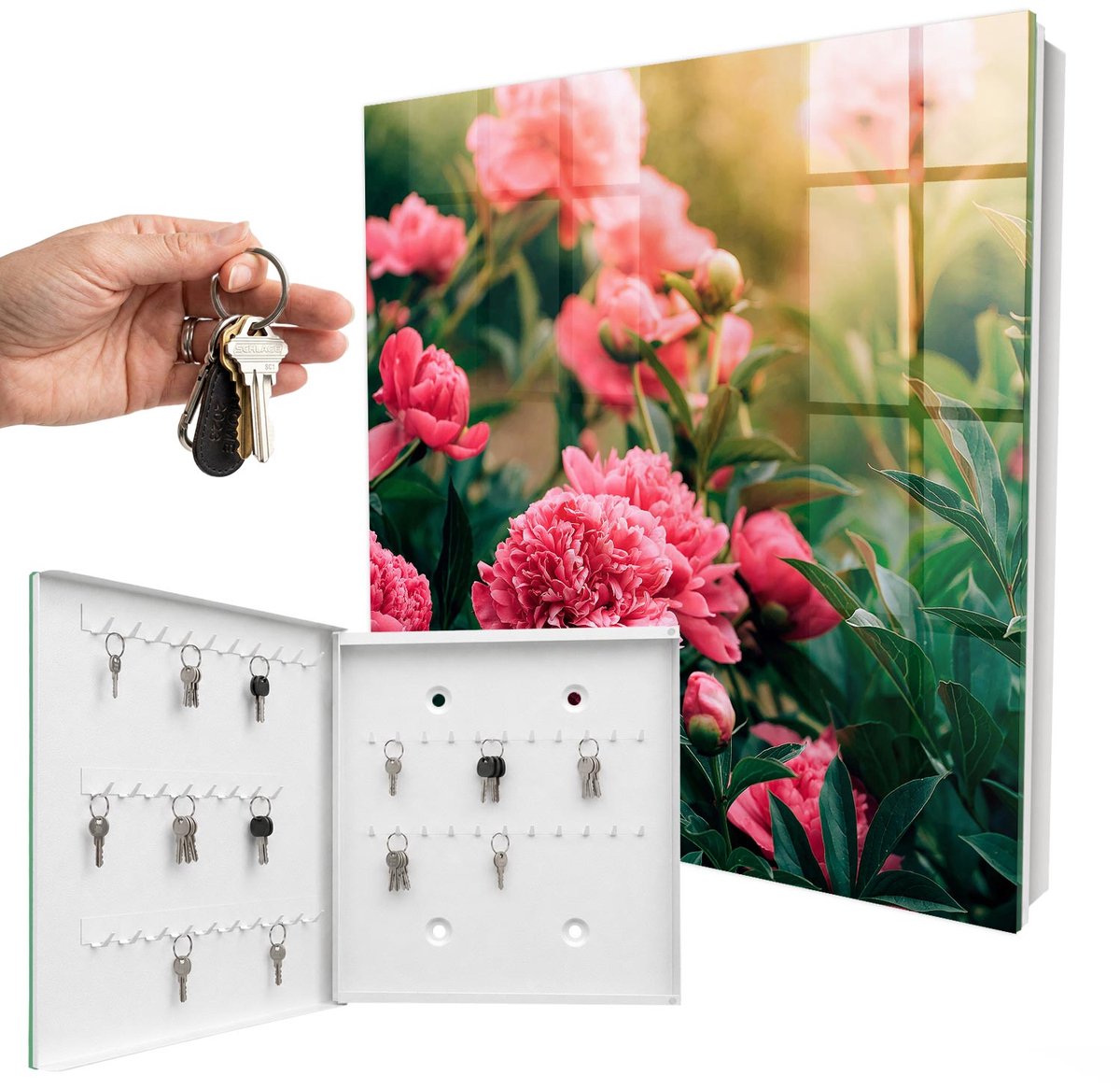 WallMuralia - Sleutelkast - 30x30x5 cm - met 50 haken - Roze Pioenrozen Leuk Sleutelkastje - Roze Sleutelbox - Linksopenend - Wit interieur