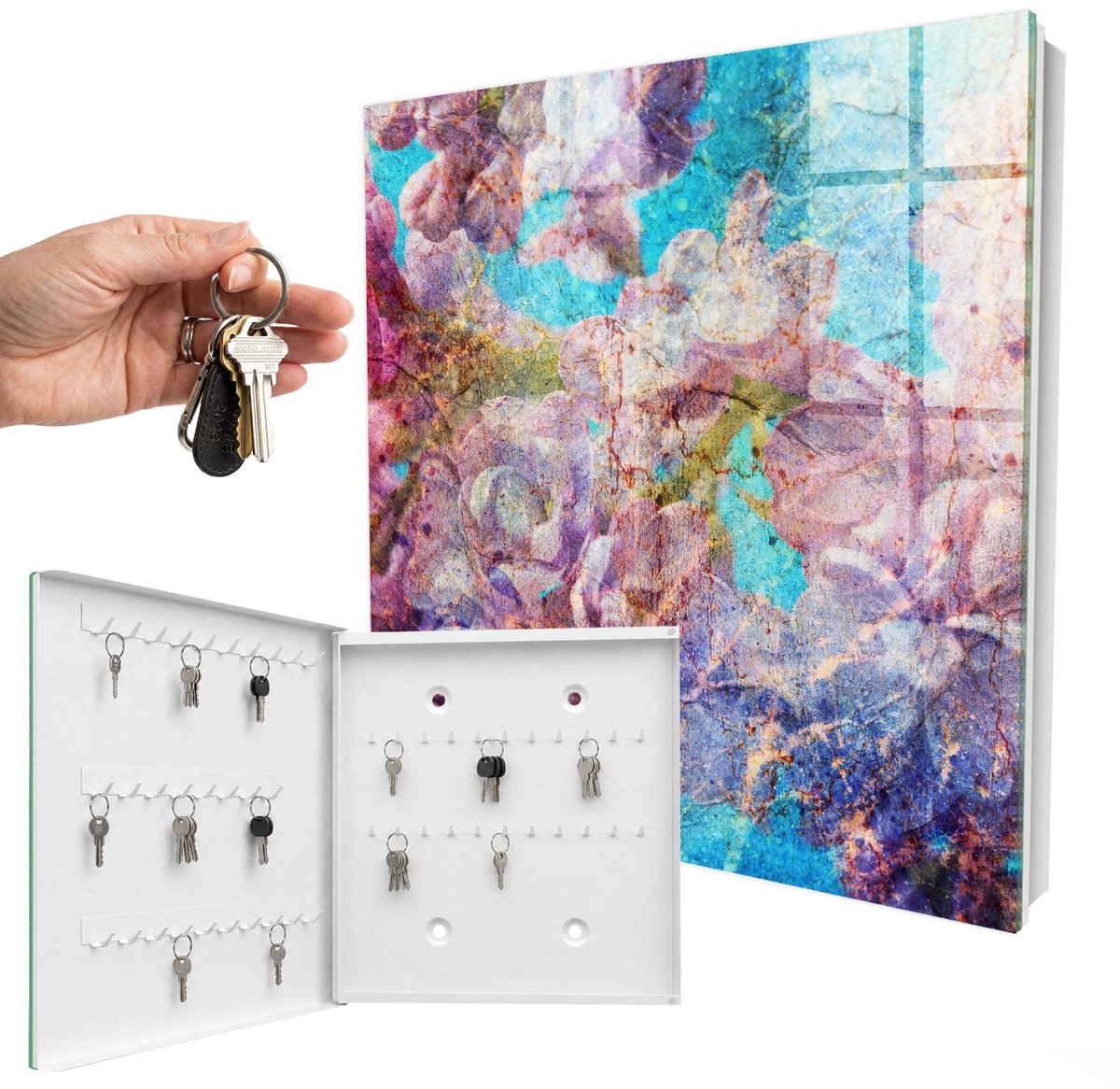 WallMuralia - Sleutelkast - 30x30x5 cm - met 50 haken - Kleurrijke Bloemen Leuk Sleutelkastje - Blauw Sleutelbox - Linksopenend - Wit interieur