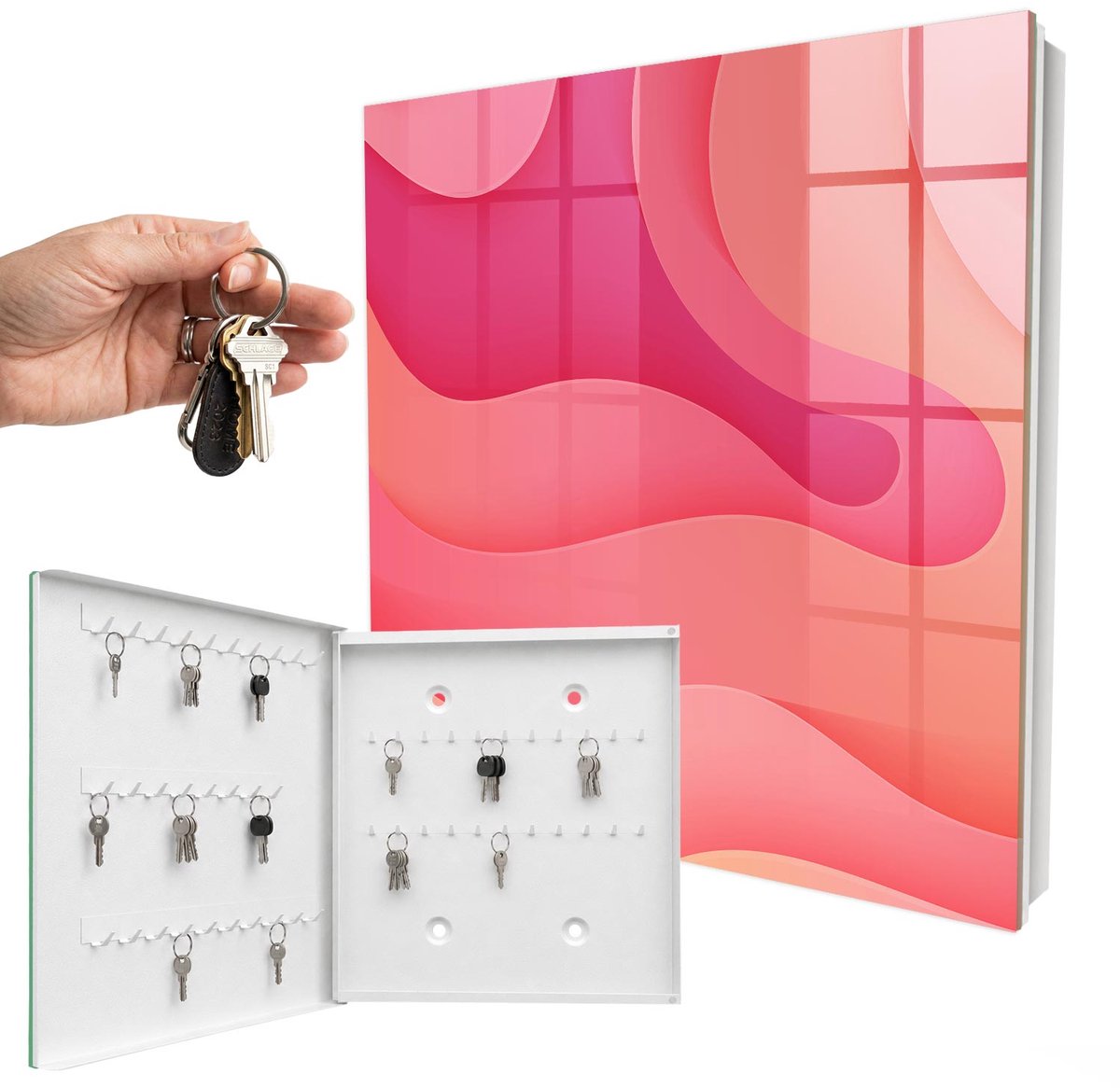 WallMuralia - Sleutelkast - 30x30x5 cm - met 50 haken - Golfenergie Sleutelkastje Muur - Roze Sleutelbox - Linksopenend - Wit interieur