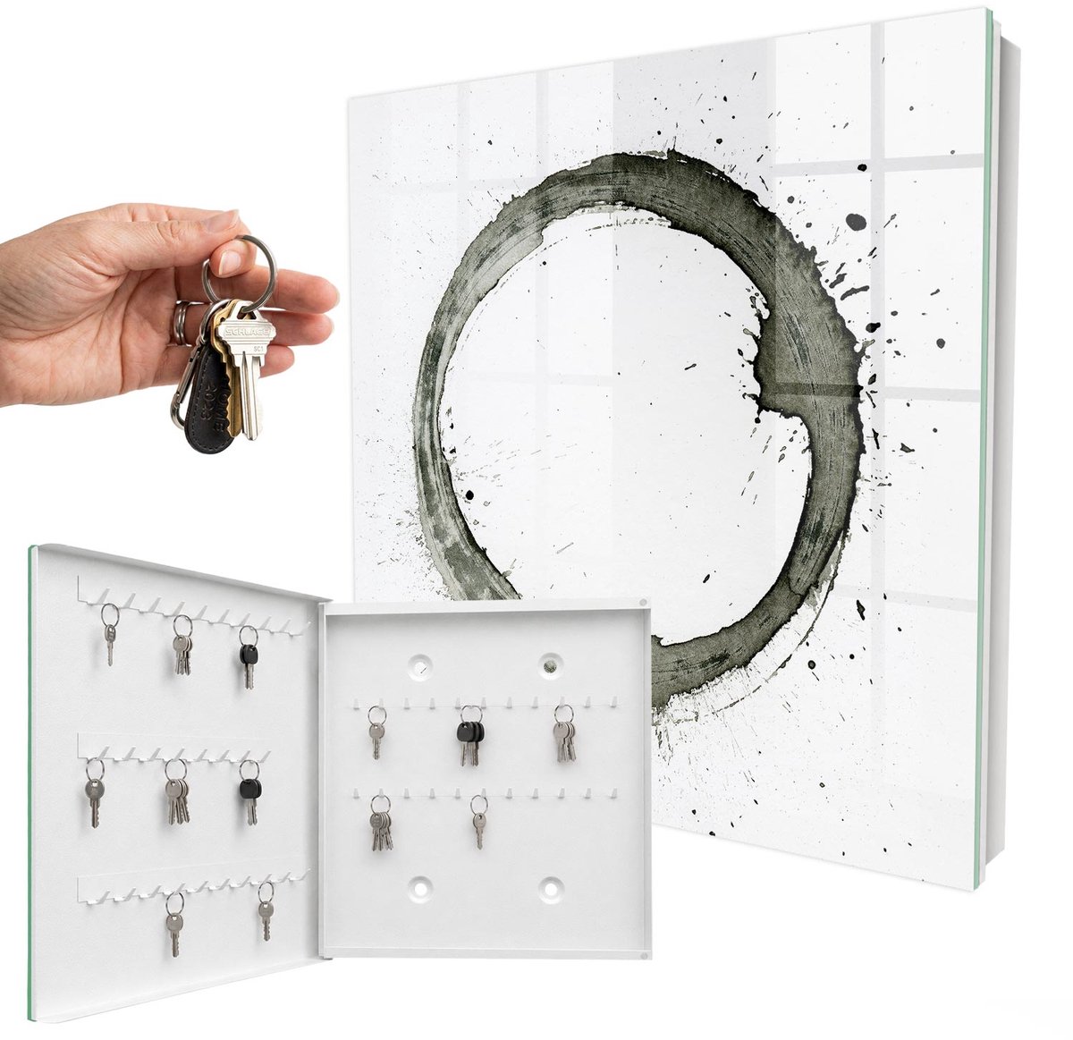 WallMuralia - Sleutelkast - 30x30x5 cm - met 50 haken - Zen-Cirkel Sleutelkastje Klein - Wit Sleutelbox - Linksopenend - Wit interieur