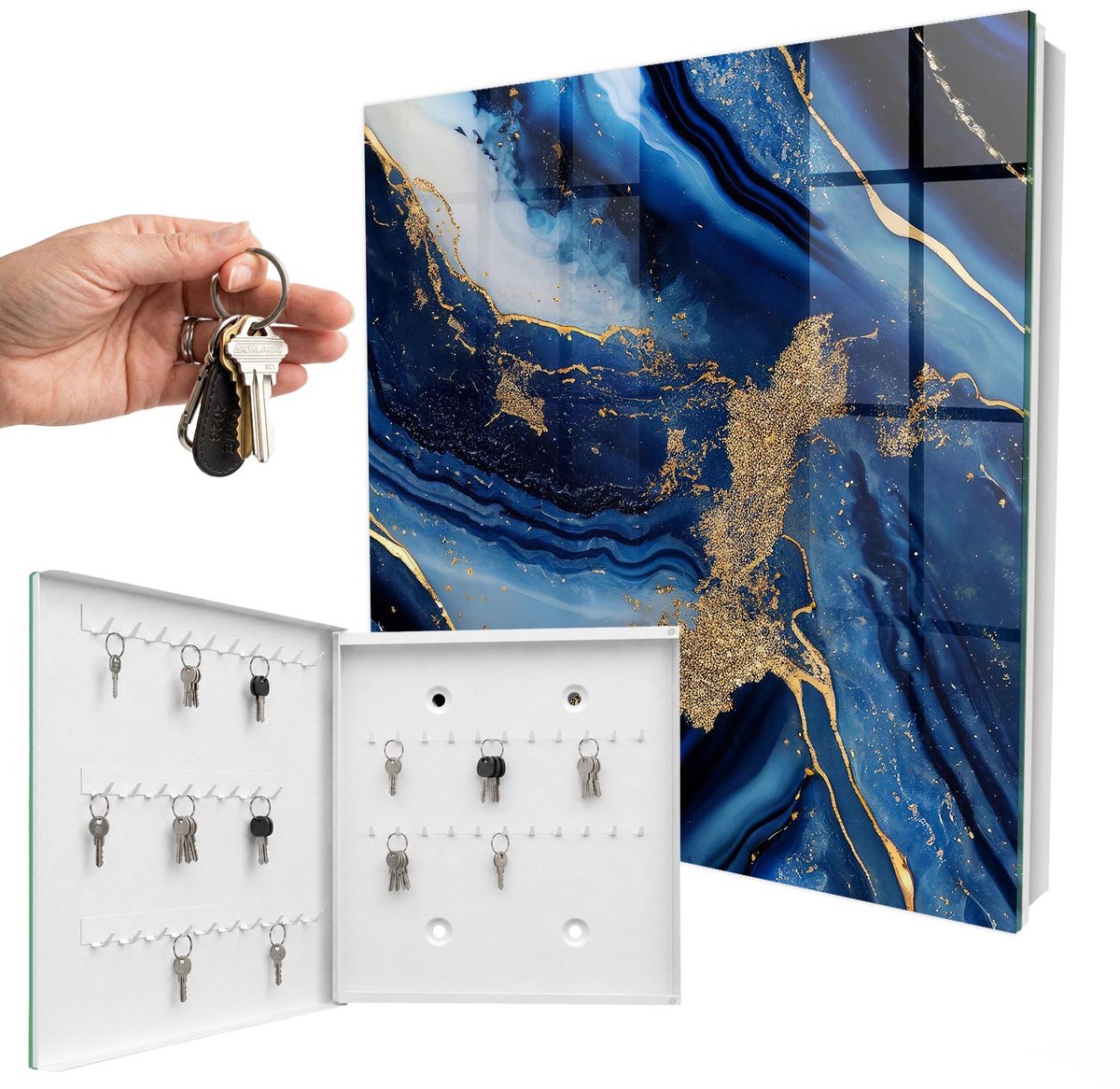 WallMuralia - Sleutelkast - 30x30x5 cm - met 50 haken - Marineblauwe Strepen Sleutelkastje Landelijk - Marine Sleutelbox - Linksopenend - Wit interieur