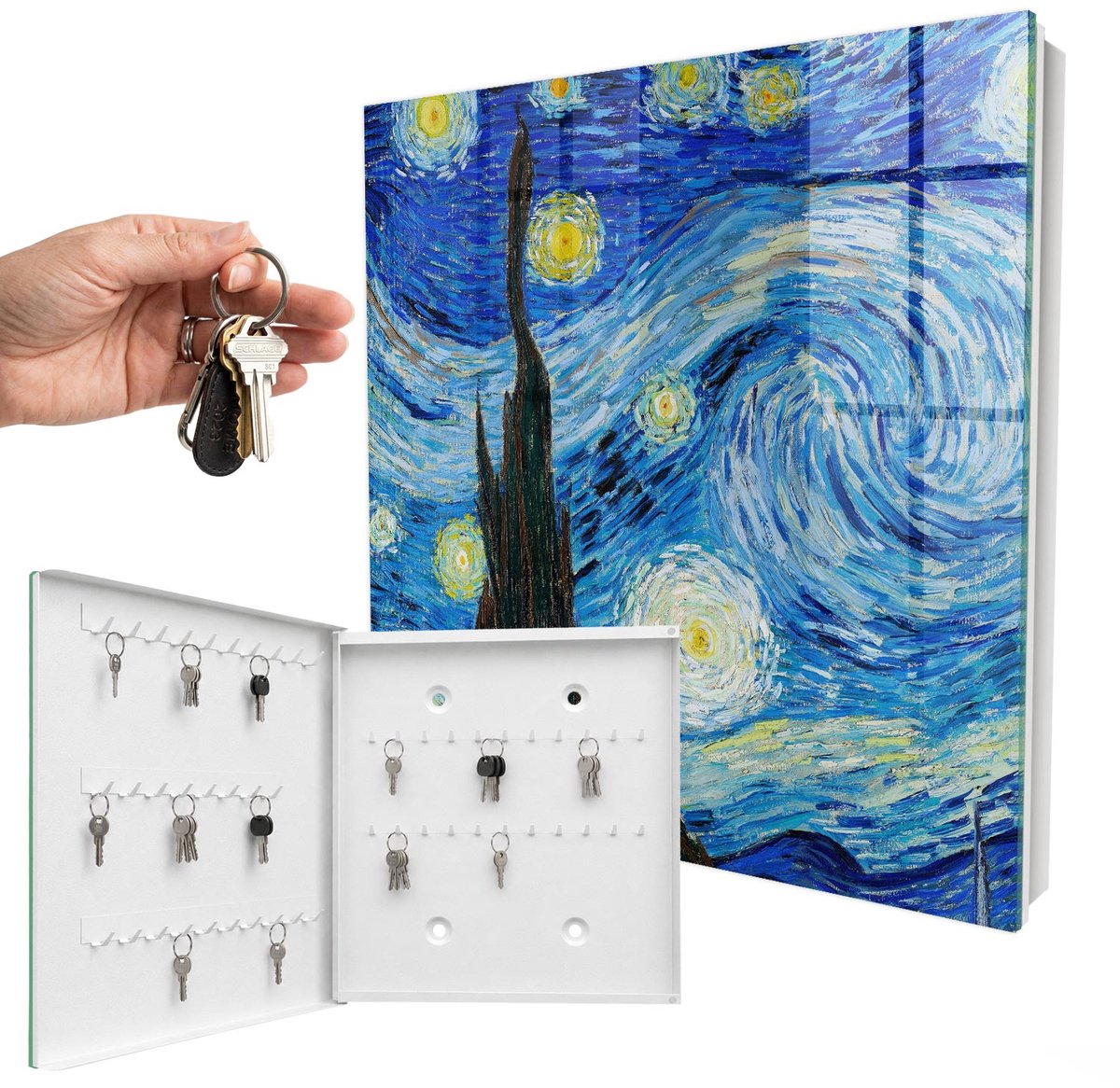 WallMuralia - Sleutelkast - 30x30x5 cm - met 50 haken - Nachtelijke Hemel Sleutelkastje Huis - Blauw Sleutelbox - Linksopenend - Wit interieur