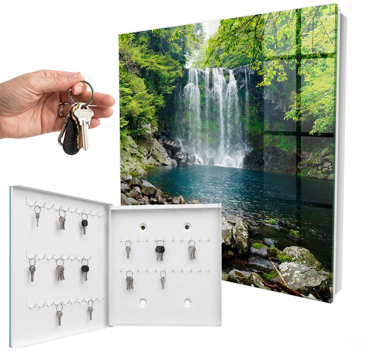 WallMuralia - Sleutelkast - 30x30x5 cm - met 50 haken - Natuurlijke Waterval Sleutelkastje Huis - Groente Sleutelbox - Linksopenend - Wit interieur