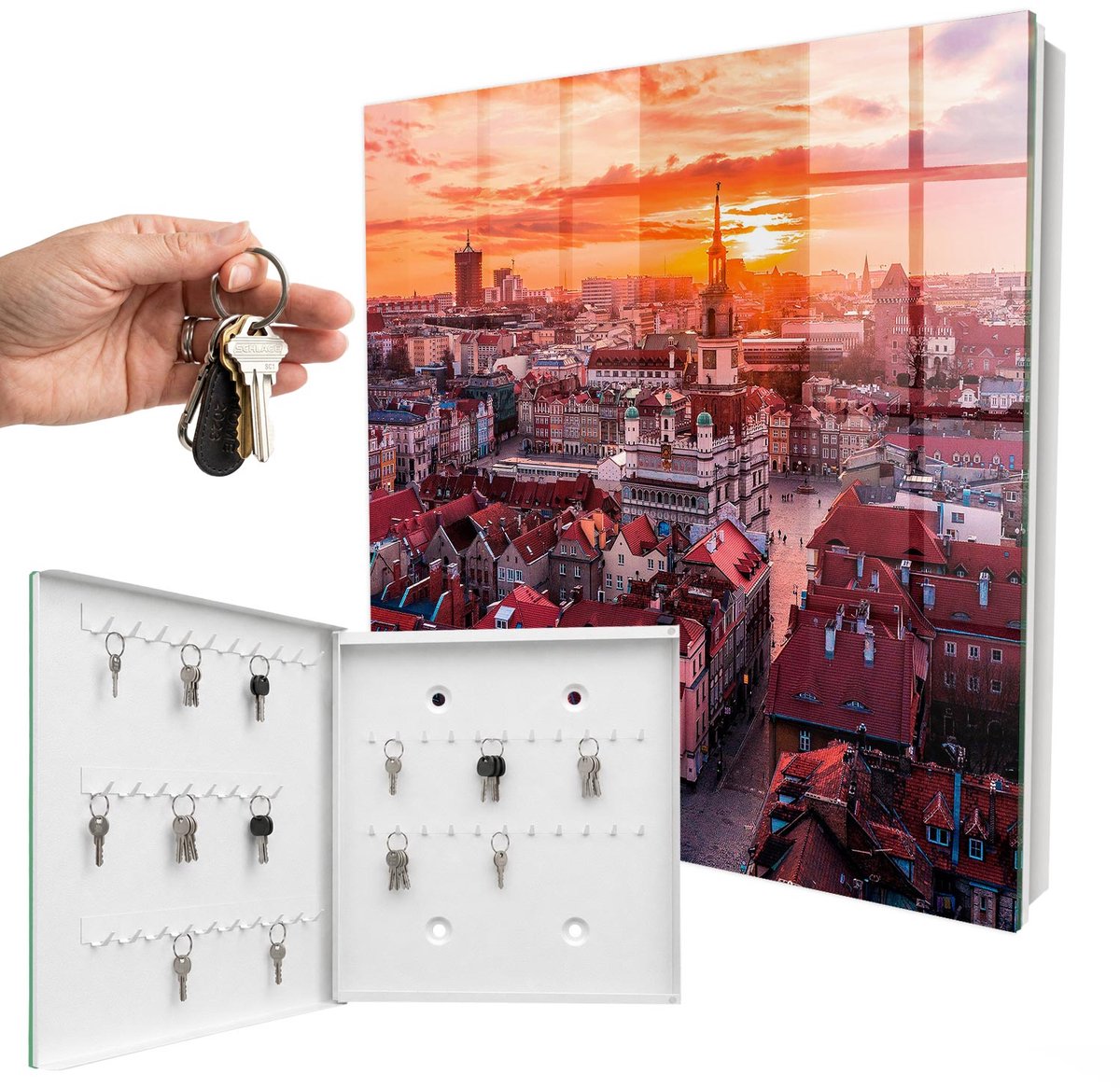 WallMuralia - Sleutelkast - 30x30x5 cm - met 50 haken - Zonsondergang Sleutelkastje Modern - Oranje Sleutelbox - Linksopenend - Wit interieur