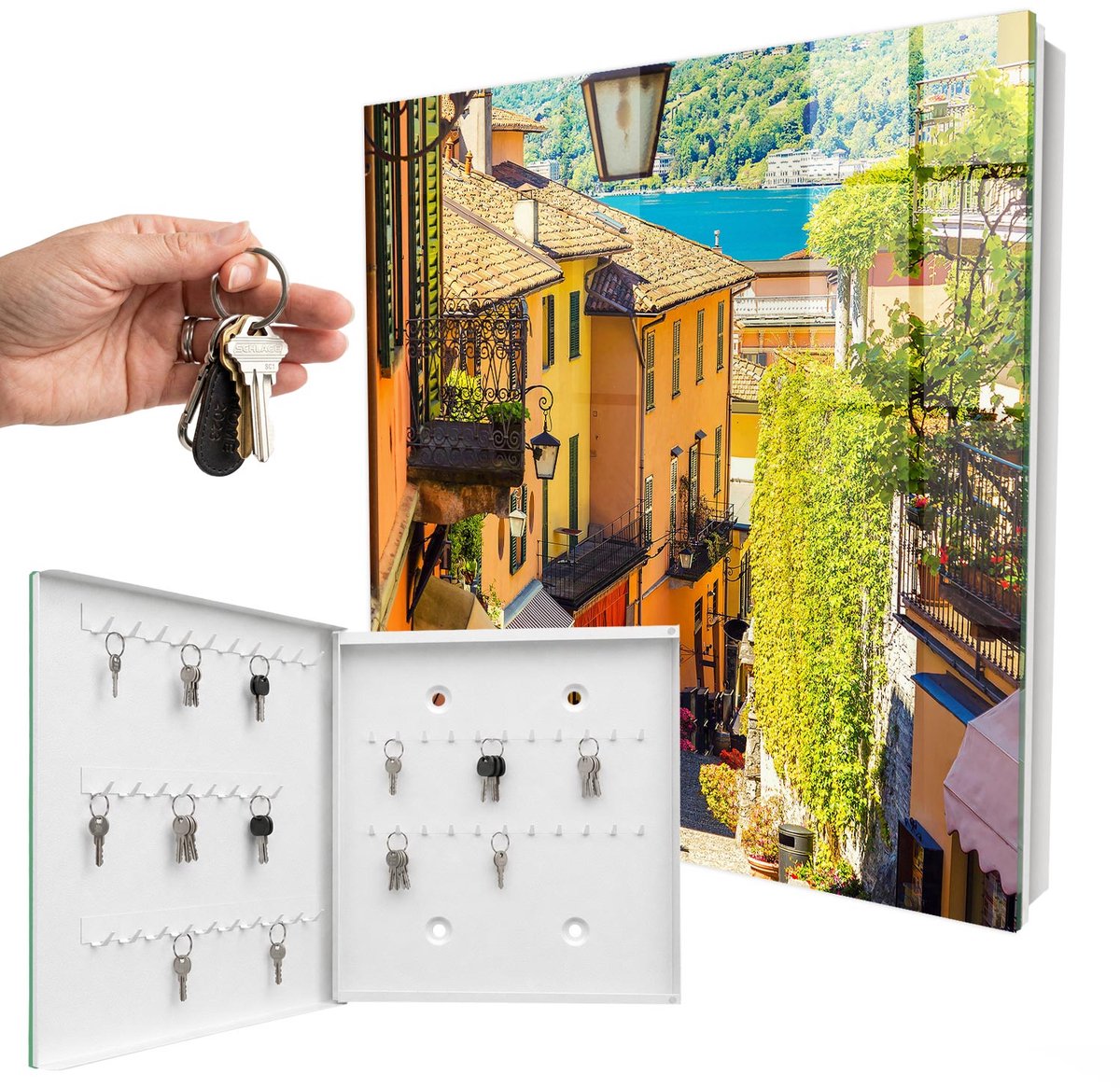 WallMuralia - Sleutelkast - 30x30x5 cm - met 50 haken - Een Kleurrijke Stad Sleutelkastje Industrieel - Geel Sleutelbox - Linksopenend - Wit interieur