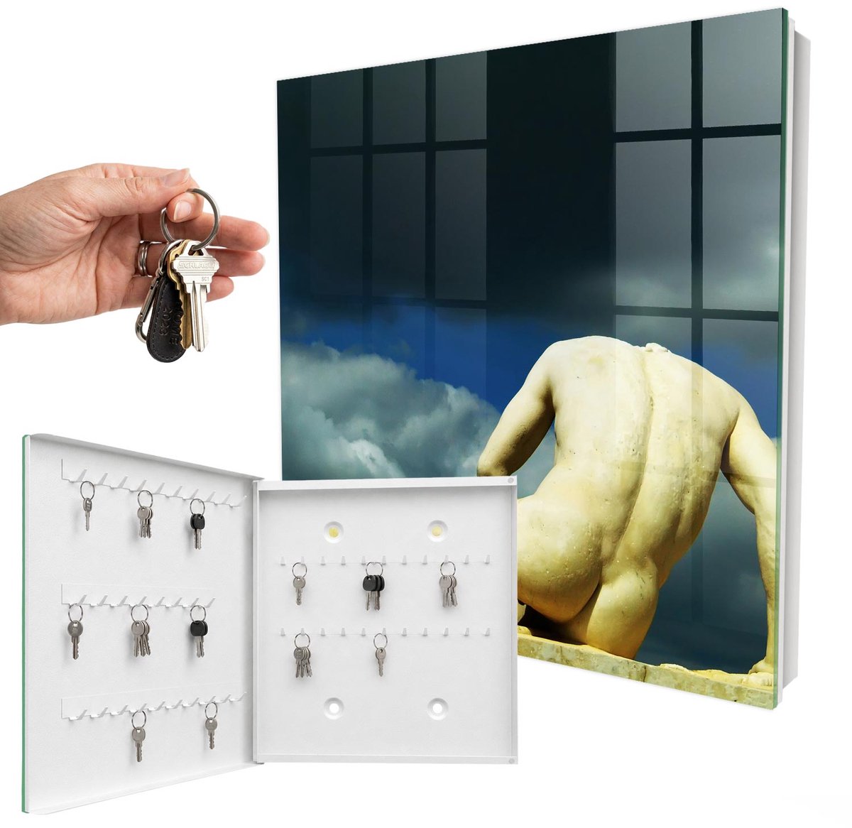 WallMuralia - Sleutelkast - 30x30x5 cm - met 50 haken - Klassieke Elegantie Sleutelkastje Voor Binnen - Geel Sleutelbox - Linksopenend - Wit interieur