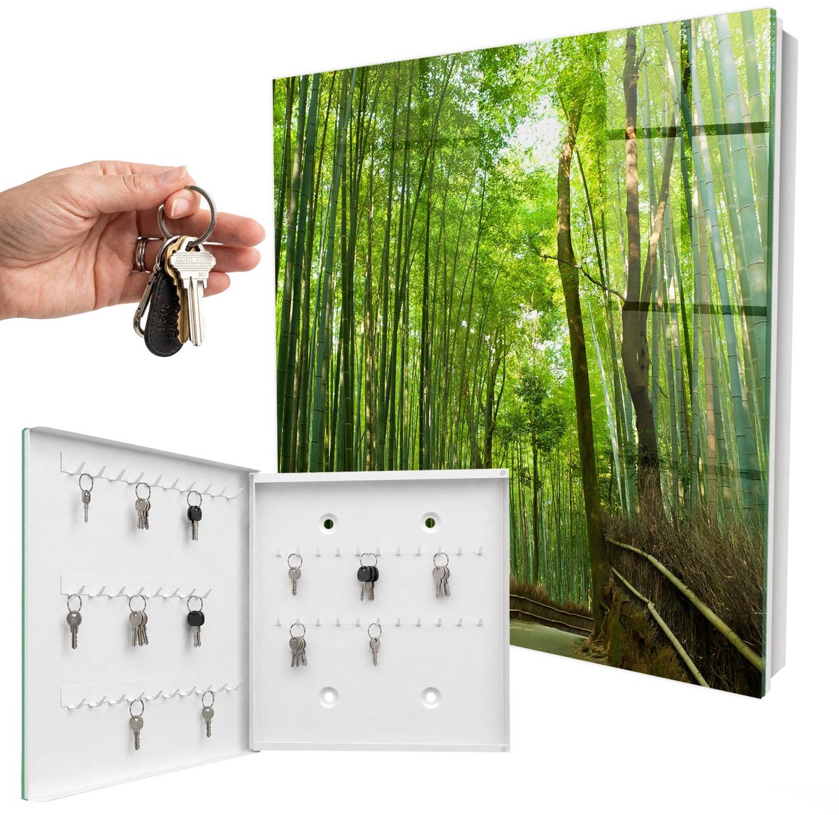 WallMuralia - Sleutelkast - 30x30x5 cm - met 50 haken - Bamboe Pad Sleutelkastje Voor Binnen - Groente Sleutelbox - Linksopenend - Wit interieur