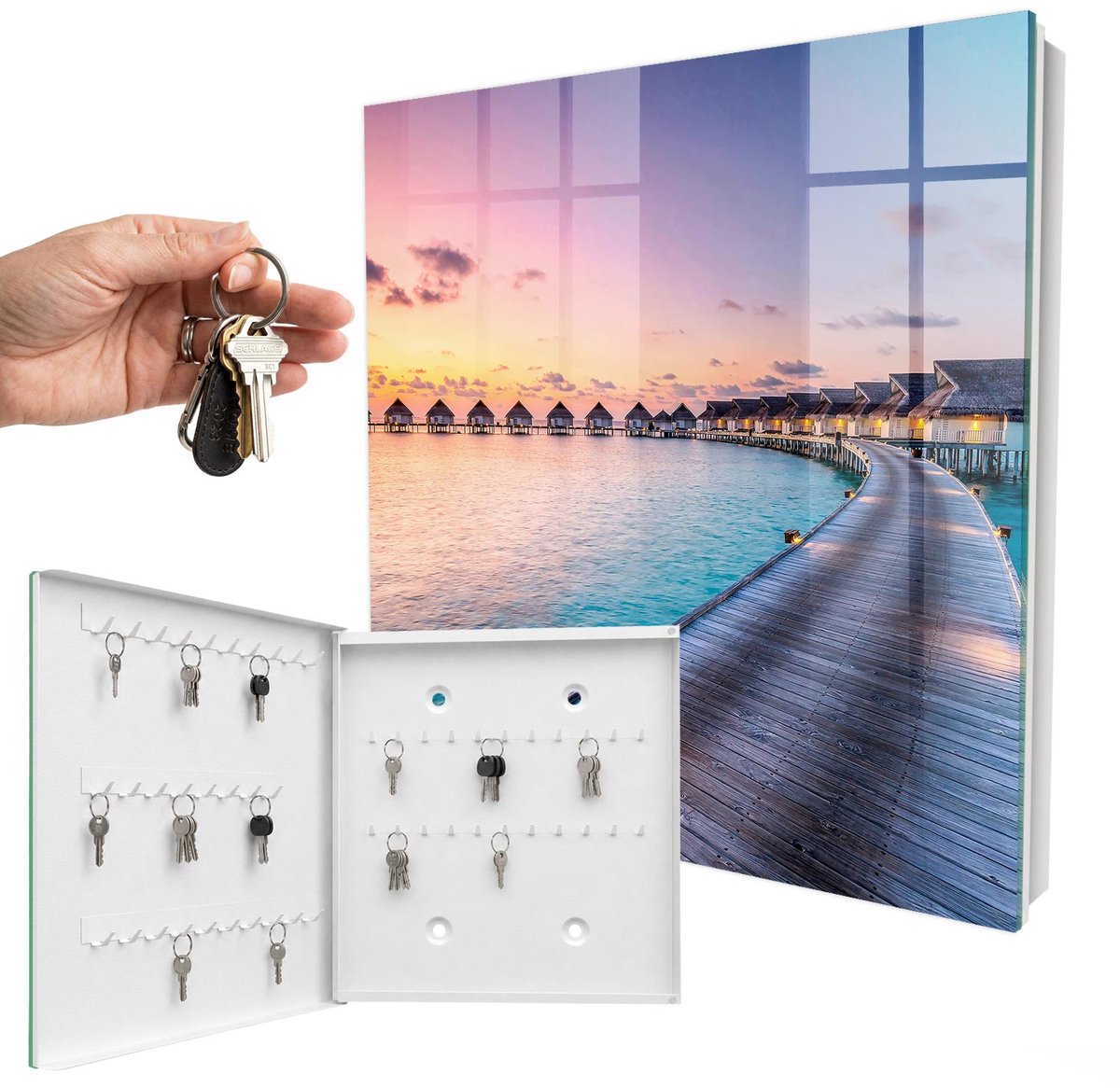 WallMuralia - Sleutelkast - 30x30x5 cm - met 50 haken - Vredige Zonsondergang Sleutelkastje Klein - Blauw Sleutelbox - Linksopenend - Wit interieur