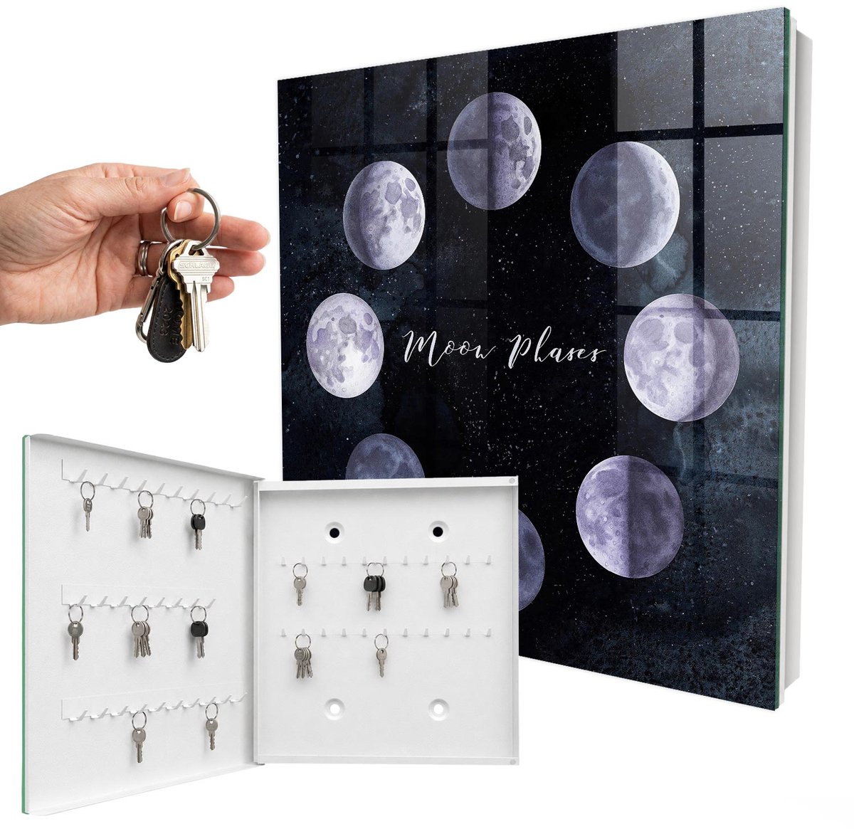 WallMuralia - Sleutelkast - 30x30x5 cm - met 50 haken - Maanfasen Sleutelkastje Muur - Marine Sleutelbox - Linksopenend - Wit interieur