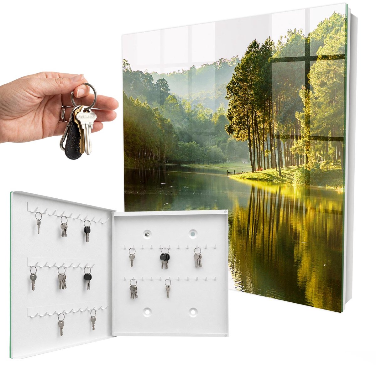WallMuralia - Sleutelkast - 30x30x5 cm - met 50 haken - Groen Landschap Groot Sleutelkastje - Groente Sleutelbox - Linksopenend - Wit interieur