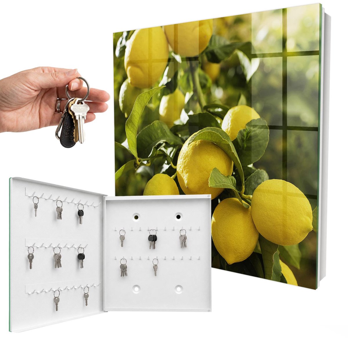WallMuralia - Sleutelkast - 30x30x5 cm - met 50 haken - Sappige Frisheid Leuk Sleutelkastje - Geel Sleutelbox - Linksopenend - Wit interieur