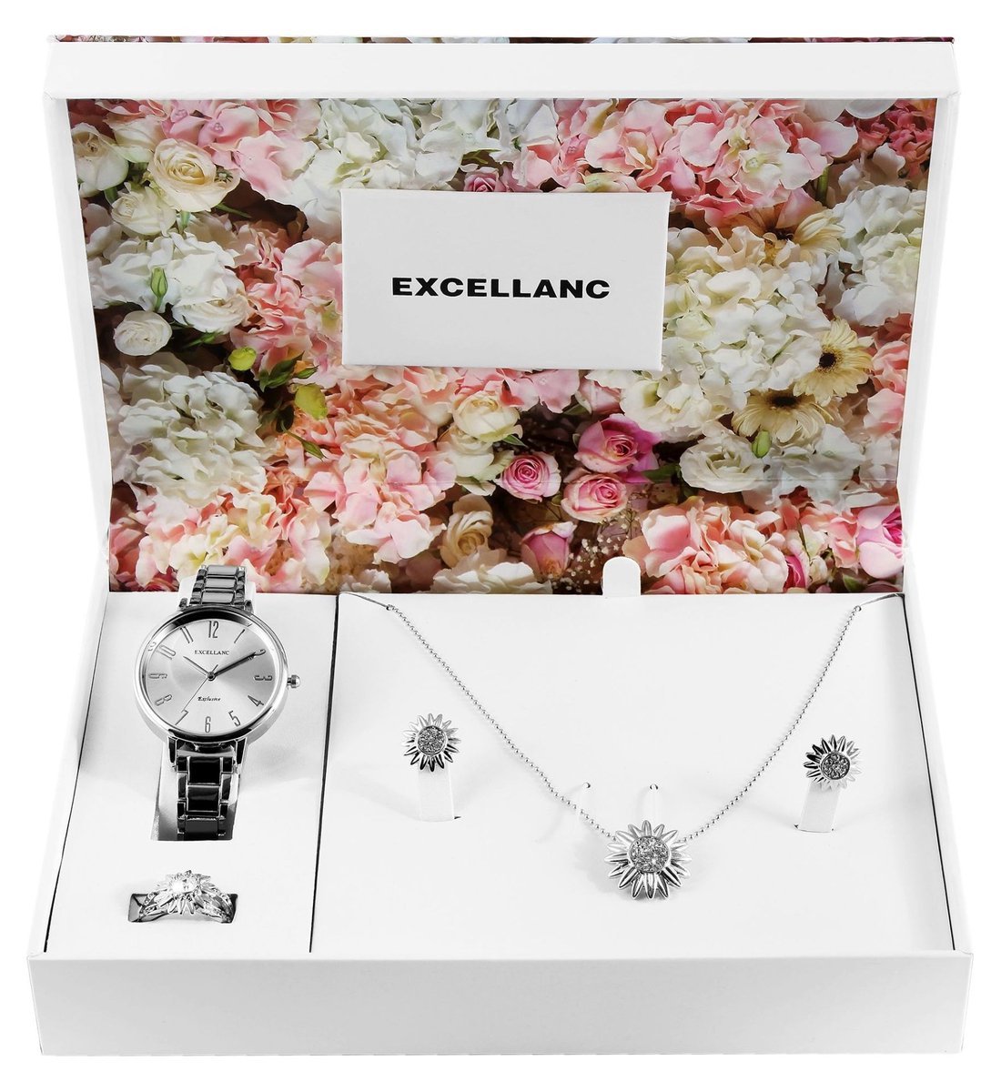 Excellanc dameshorloge geschenkset zilverkleurig cadeauset ketting, ring, oorbellen
