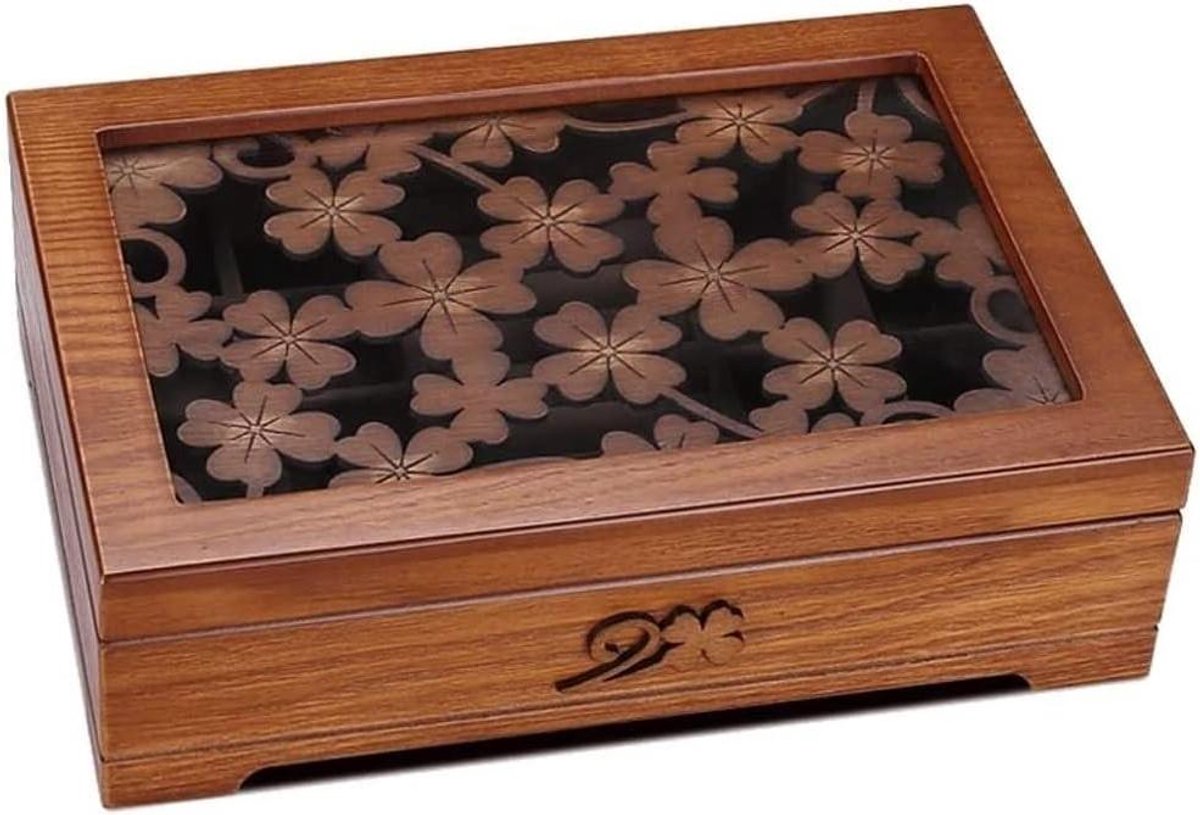 Houten Sieradenkist - Juwelierskistje Opberger - Sieraden Organiseren - Handgesneden Bloemen Decoratie - 26x16x8cm - D