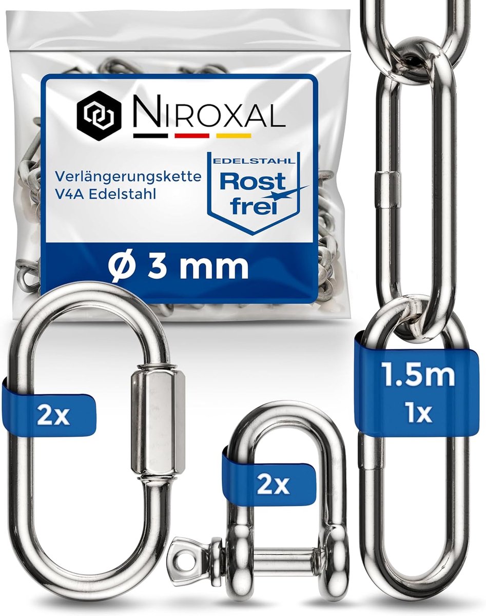 Verlengketting RVS - Ketting met haak - Ophangen Decoratie - V4A Roestvrij Staal - 150cm 3mm dik - Zilver