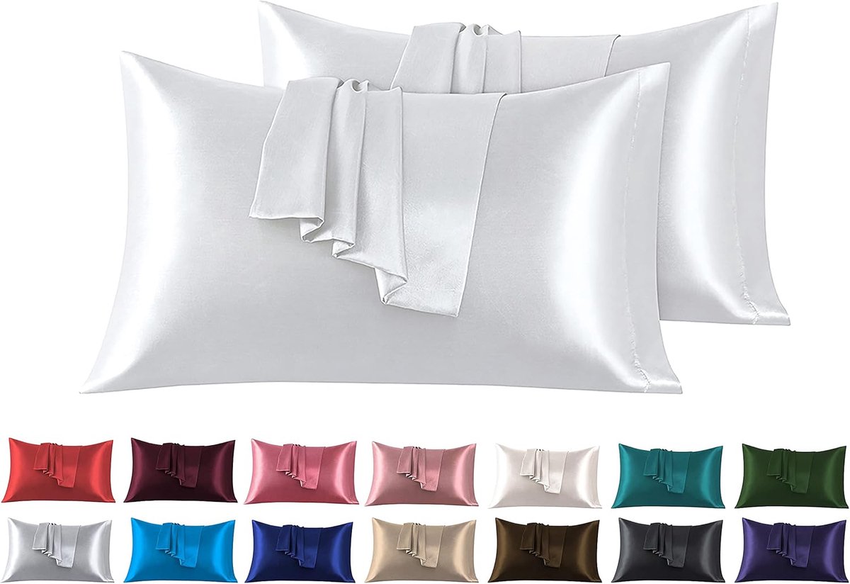 SnelShoppen - Set van 2 Satijnen Kussenhoezen 50 x 80 cm Grijs Bed Kussenhoezen Zacht aanraakbaar met Pocket Sluiting Anti-Mijt Hypoallergene Bescherm