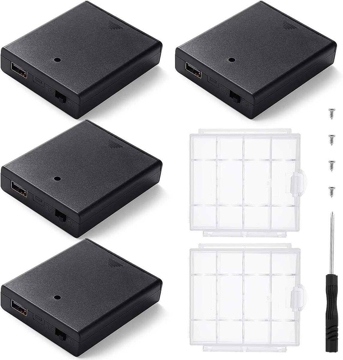 SnelShoppen - 4 Stuks 4x1.5V AA Batterijhouder met USB Aansluiting, ON/OFF Schakelaar & Deksel, Inclusief 2 Stuks Plastic Batterijopslagdoos, Zwart