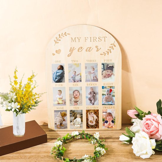 Babyfotolijst: "Mijn eerste jaar" - Gepersonaliseerd houten fotodisplay - Lijst voor 12 babyfoto's (maand-voor-maand) - Decoratie voor de babykamer / Kraamcadeau (voor jongens en meisjes) — afbeelding 2