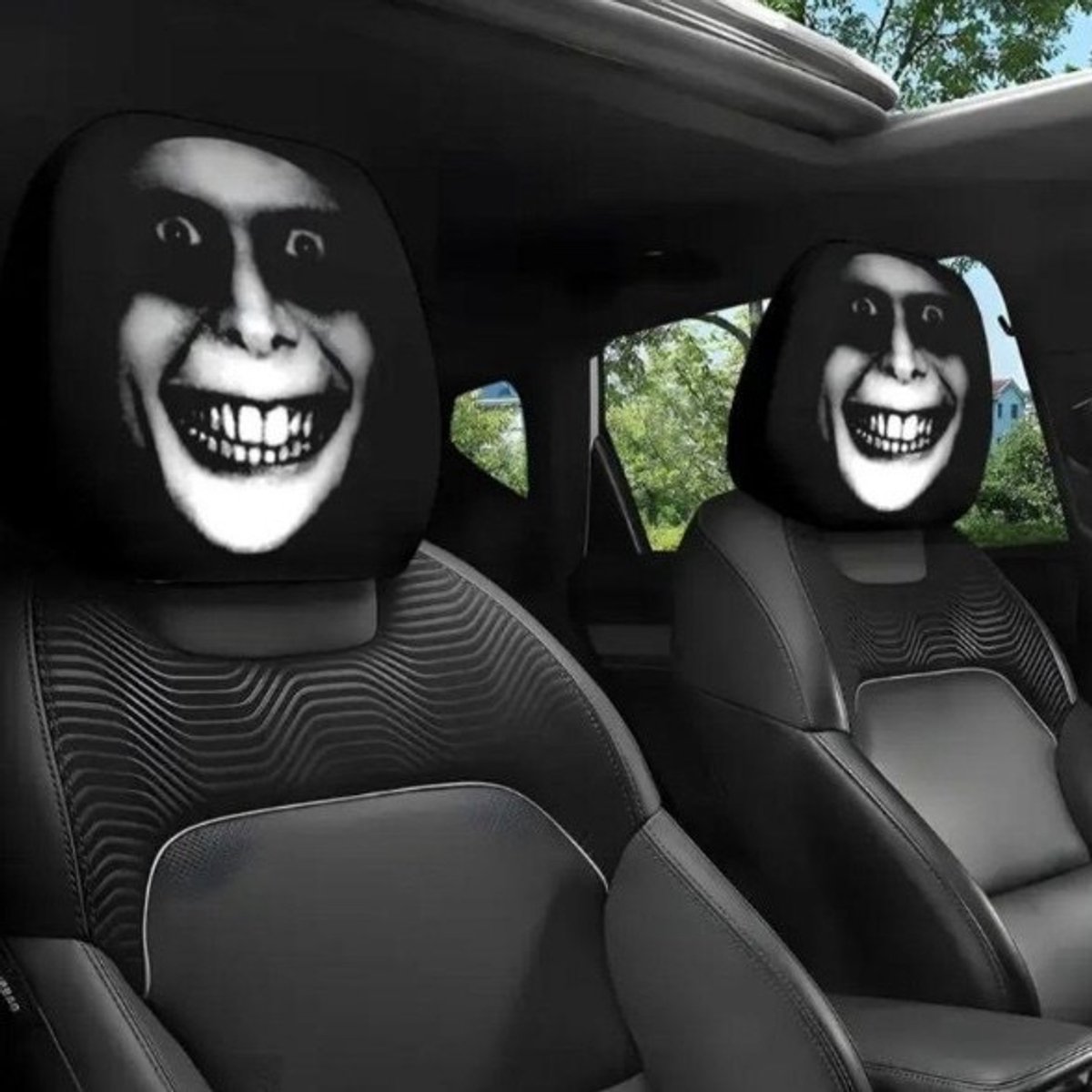 Daity Halloween Auto Hoofdsteun Hoezen Set van 2, Eng angstaanjagend gezicht print, universeel passend, elastisch stof, grappig auto interieur decoratie voor feest en grappen