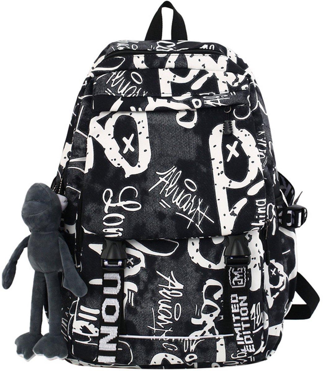 Lichtgewicht, stijlvolle casual laptoprugzak met graffiti-print, klassieke reistas, unisex, alledaagse rugzak, waterdicht, ideaal als cadeau (zwart).
