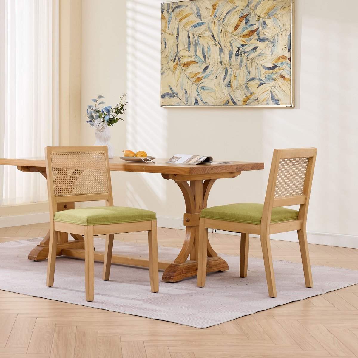 Clruro Eetkamerstoelen 2 Stuks - Kunstrotan Rug met S-Veren - Massief Hout en Linnen - Olijfgroen