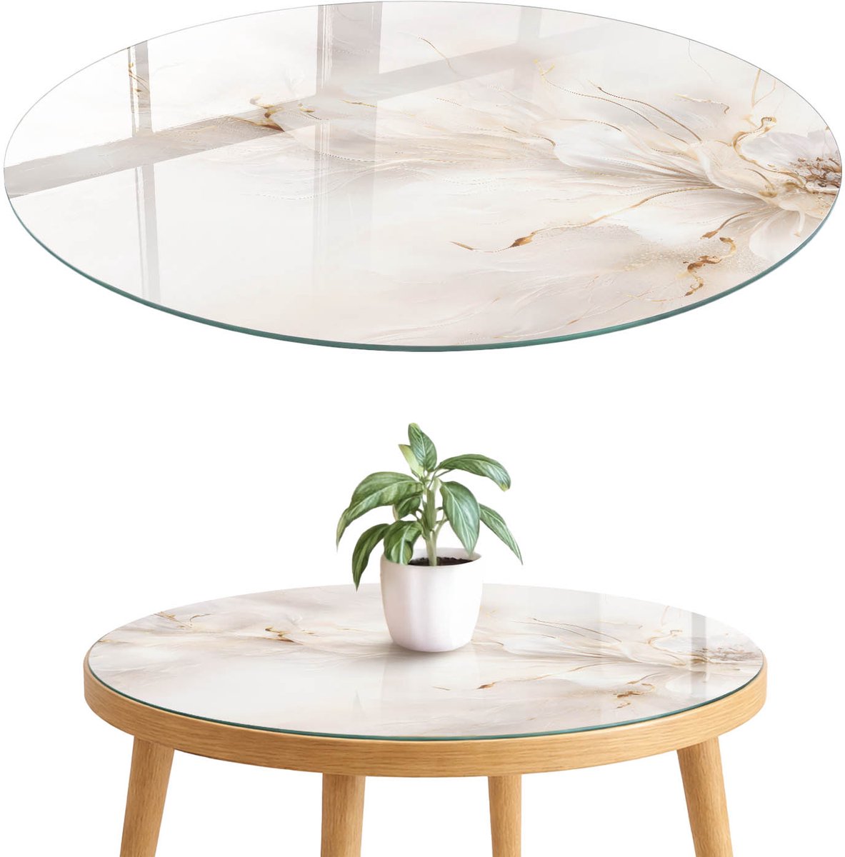 ArtPrintCave Etherische bloemen Glazen Tafelblad fi70 cm - Tafelblad Rond - Wit Eettafel Met Glasplaat - Bloemen en planten Glasplaat