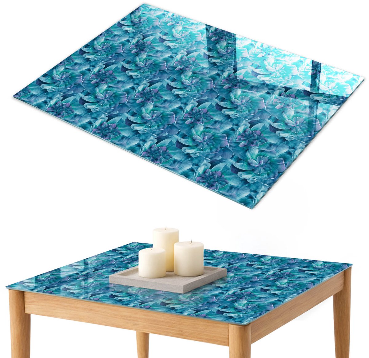 ArtPrintCave Bloemenmozaïek Glazen Tafelblad 100x70 cm - Tafelblad Rechthoek - Blauw Terrastafel - Bloemen en planten Bureaublad