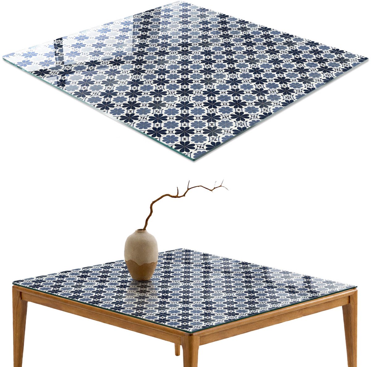 ArtPrintCave Blauwe bloemen Glazen Tafelblad - 50x50 cm - Tafelblad Vierkanten - Blauw Glasplaat - Achtergronden en patronen Keukentafel