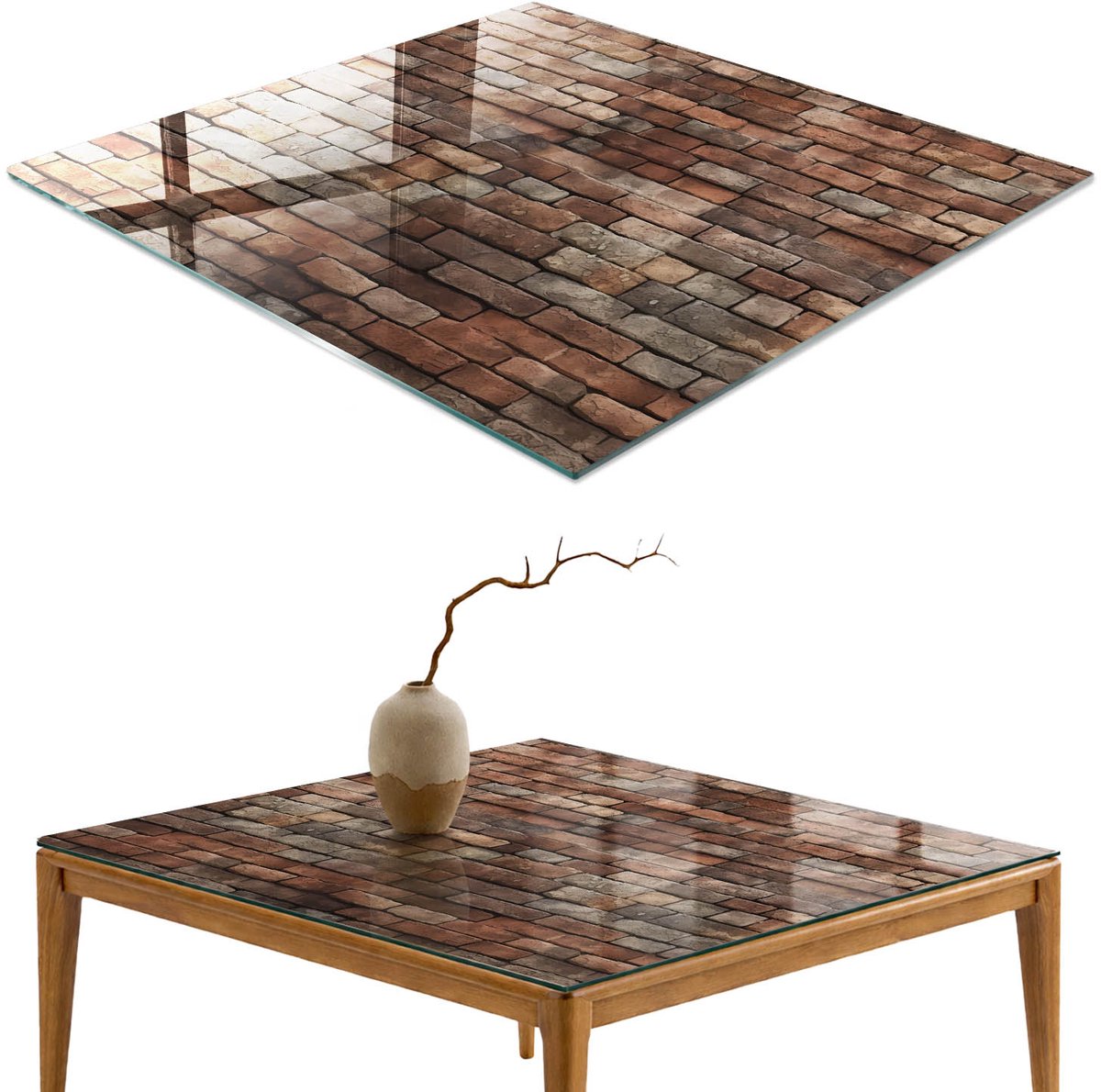 ArtPrintCave Bakstenen muur Glazen Tafelblad - 50x50 cm - Tafelblad Vierkanten - Bruin Keukentafel - Texturen Bureaublad