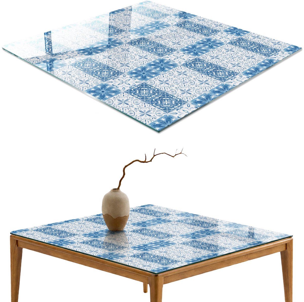 ArtPrintCave Mozaïekpatroon Glazen Tafelblad 60x60 cm - Tafelblad Rechthoek - Blauw Glazen Eettafel - Achtergronden en patronen Eettafel Met Glasplaat