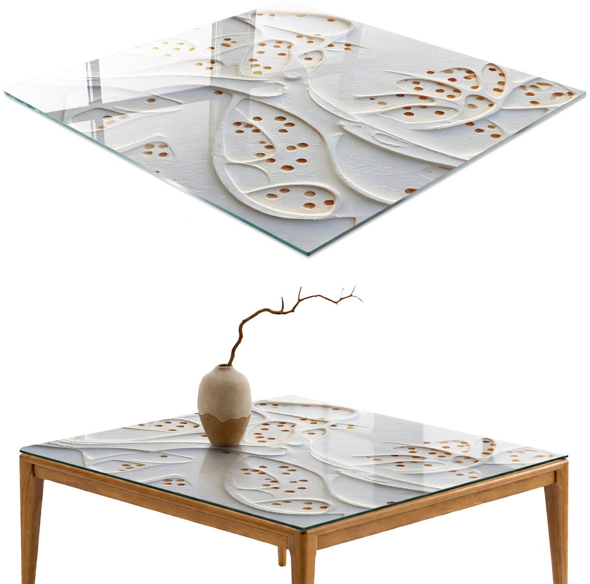 ArtPrintCave Organische patronen Glazen Tafelblad - 50x50 cm - Tafelblad Vierkanten - Wit Keukentafel - Abstractie Glazen Eettafel