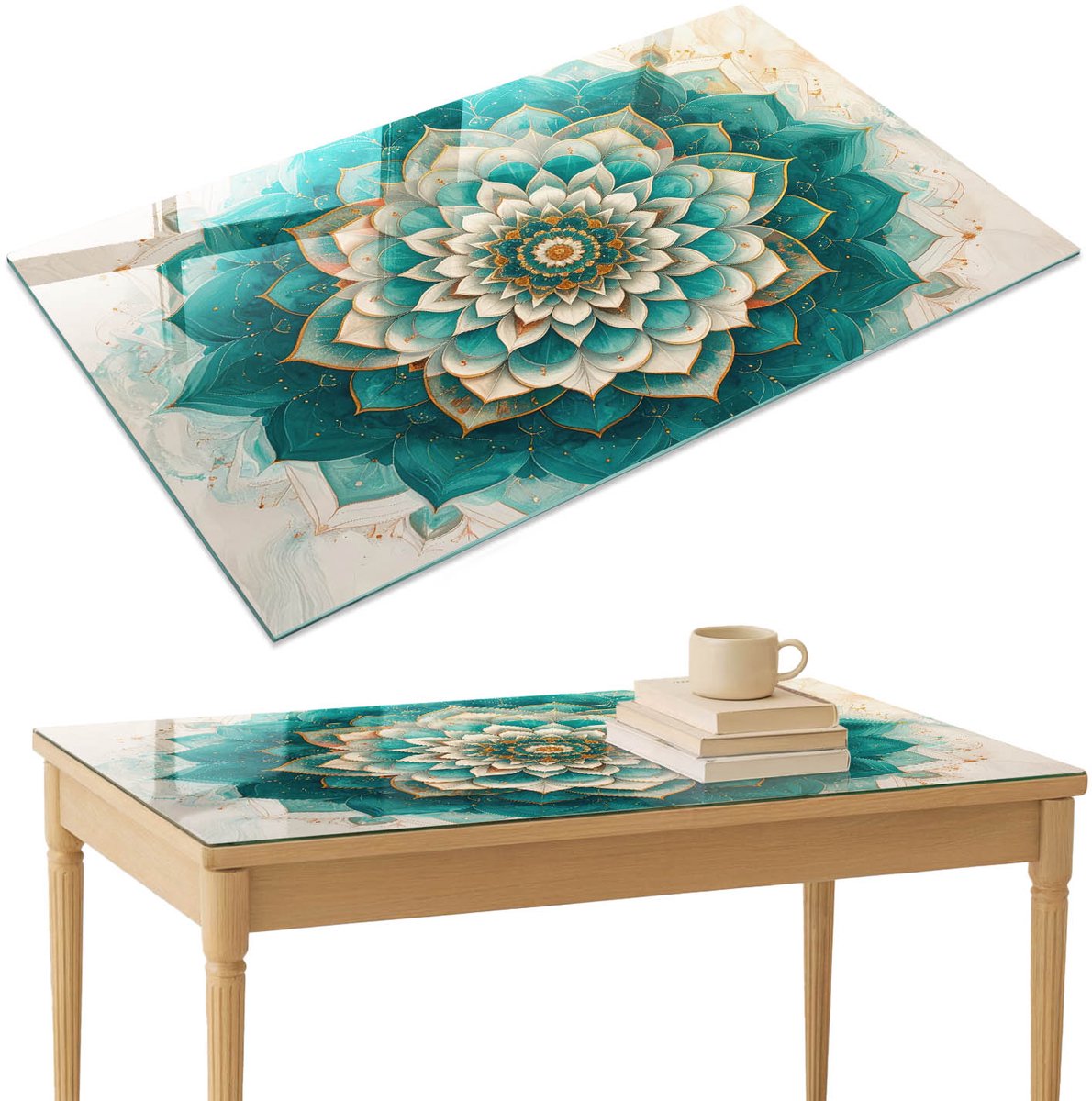 ArtPrintCave Symmetrische mandala Glazen Tafelblad 120x80 cm - Tafelblad Rechthoek - Turkoois Terrastafel - Abstractie Keukentafel