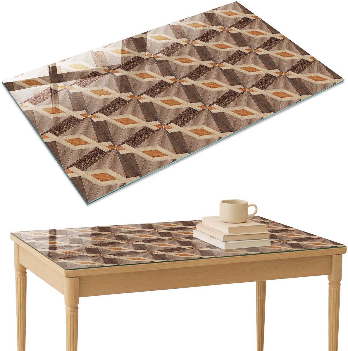 ArtPrintCave Geometrische mozaïek Glazen Tafelblad 120x80 cm - Tafelblad Rechthoek - Bruin Glazen Eettafel - Geometrie Tafelblad Glas