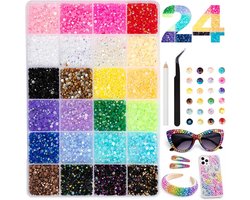 Kit de strass - 24 couleurs - Kit de nail art - Kit de strass DIY - Peintures diamantées - Strass - Feuille d'ongle - Diamants - Applicateur de strass - pour la création de nail art, bijoux, vêtements, chaussures, livres, diamants