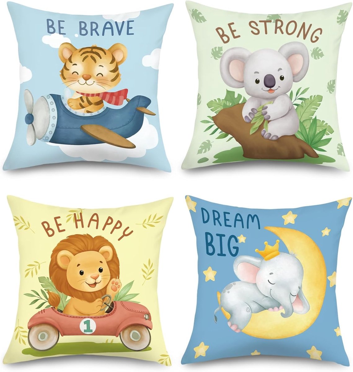 Cushion Covers 45x45 cm voor Sofa met Dierenprint - Cartoon Kussens voor Kinderen, Olifant, Leeuw, Tijger en Koala - Vierkante Kussens voor Slaapkamer en Woonkamer