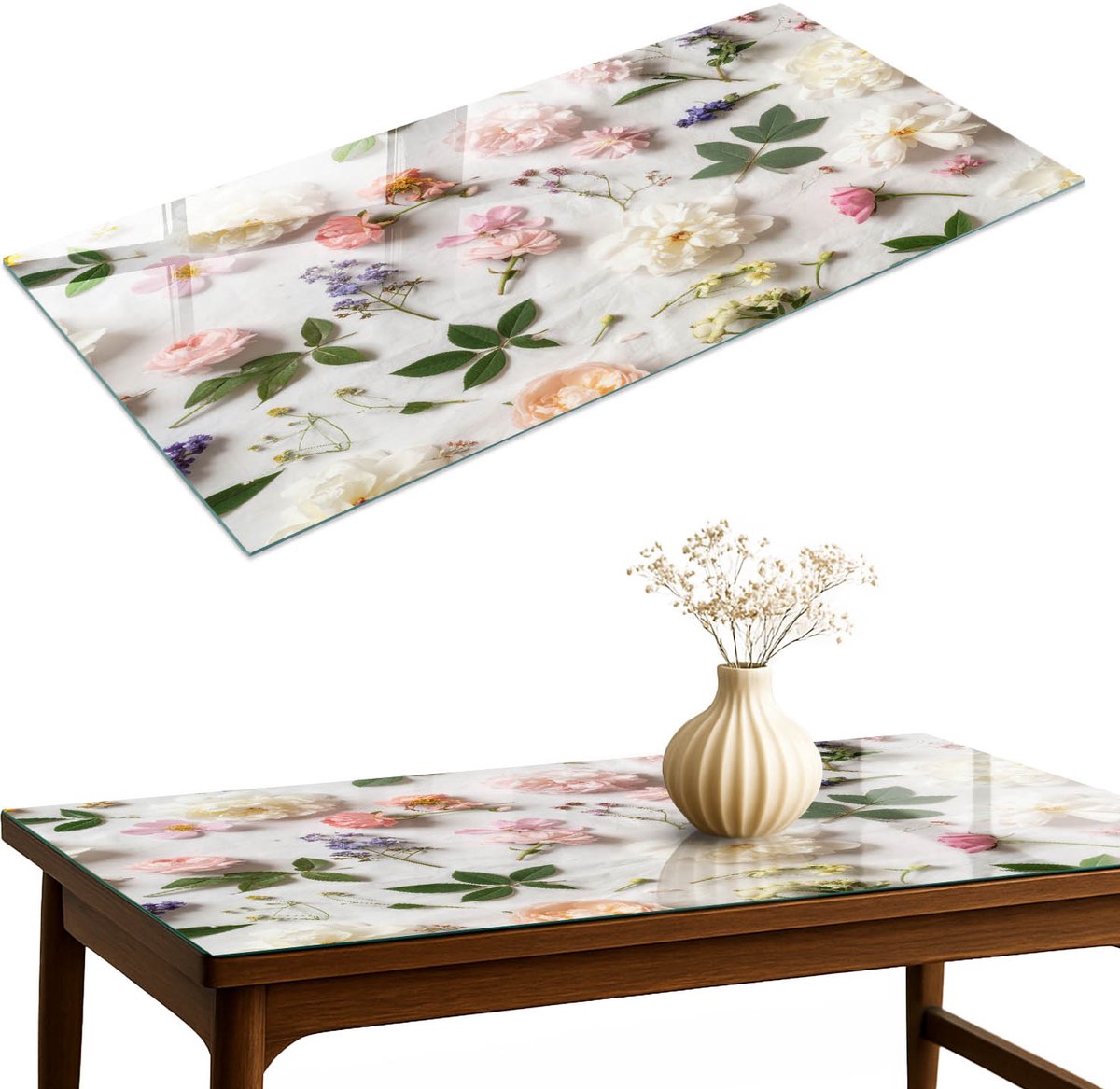 ArtPrintCave Bloemarrangement Glazen Tafelblad 140x70 cm - Tafelblad Rechthoek - Wit Terrastafel - Bloemen en planten Bureaublad