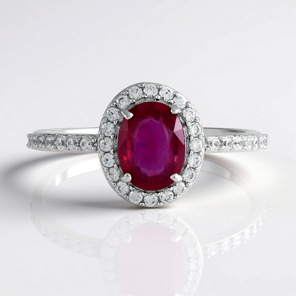 Cavill - Damesring 925 Sterling Zilver Platina Verguld met 1,229 ct Bemainty Robijn Ovaal en 0,505 ct Zirkonen - Elegant & Handgemaakt
