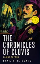 Boekomslag van 'The Chronicles of Clovis' met een illustratie van een man met snor in een paars pak, en twee personen aan een tafel.