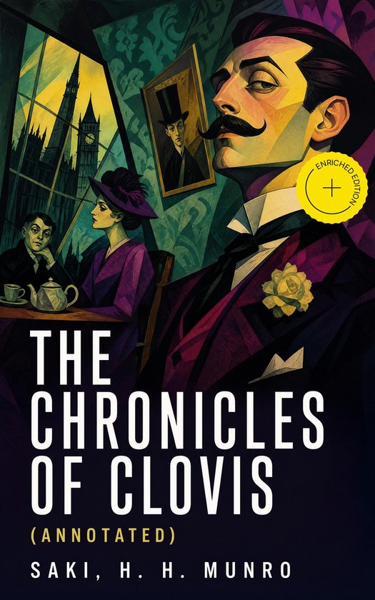 Boekomslag van 'The Chronicles of Clovis' met een illustratie van een man met snor in een paars pak, en twee personen aan een tafel.